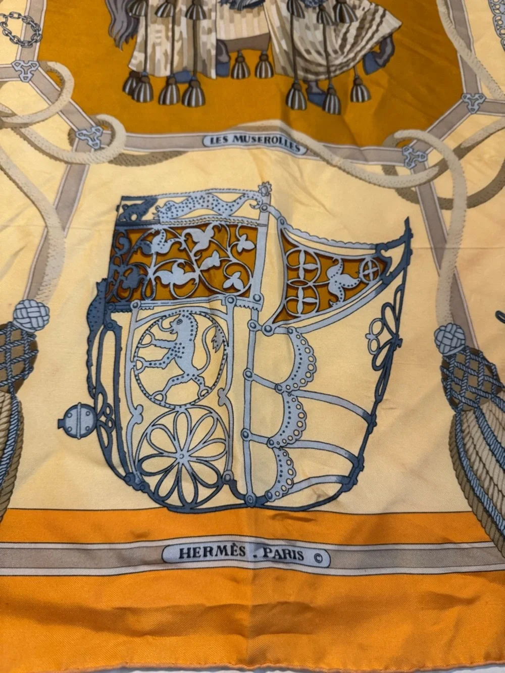 Hermes Yellow & Orange Silk Scarf with Equestrian Motif - Picture 3 of 5